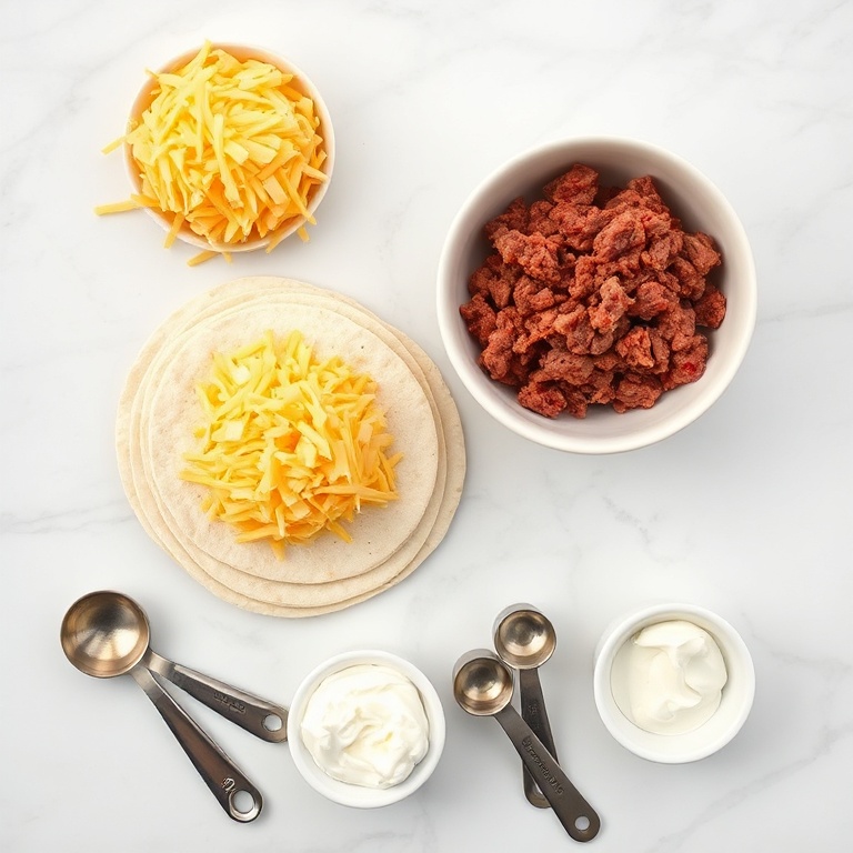 Raw ingredients for crispy beef cheese chimichangas: ground beef, shredded cheddar, flour tortillas, shredded lettuce, sour cream in small prep bowls on white marble with measuring spoons