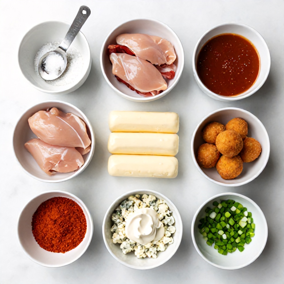 Raw ingredients for Buffalo Chicken Bacon Mozzarella Bombs on a white marble surface