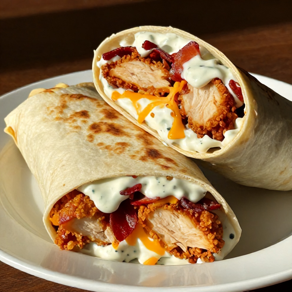 Crispy Chicken Bacon Ranch Wrap on a white plate