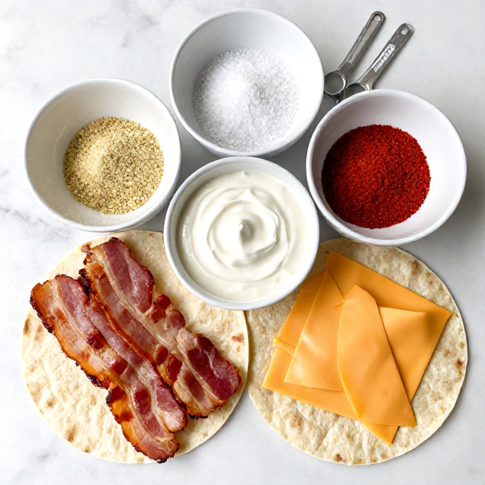 Raw ingredients for Crispy Chicken Bacon Ranch Wrap on a white marble surface
