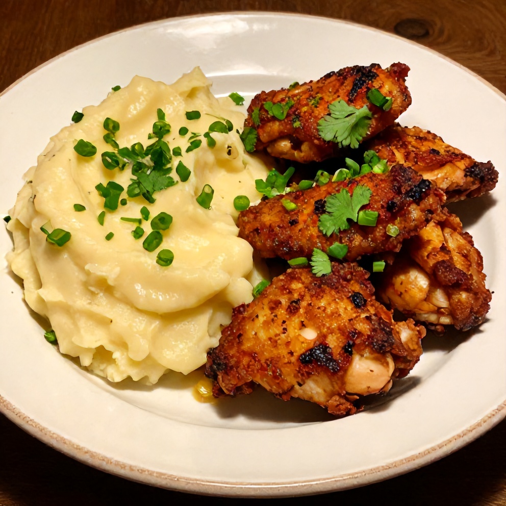 Plated Crispy Chipotle Honey Chicken Thighs with Gouda Mashed Potatoes