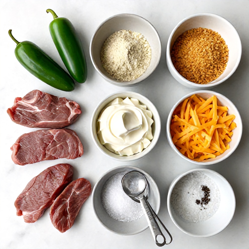Raw ingredients for deer tenderloin jalapeño poppers on a white marble surface