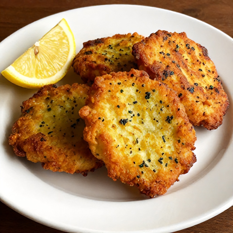 Plated Dill Pickle Fritters with a lemon wedge