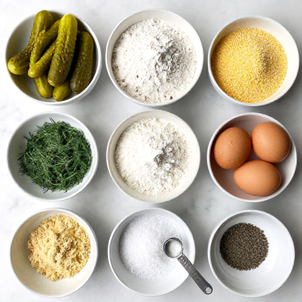 Raw ingredients for Dill Pickle Fritters on a marble surface