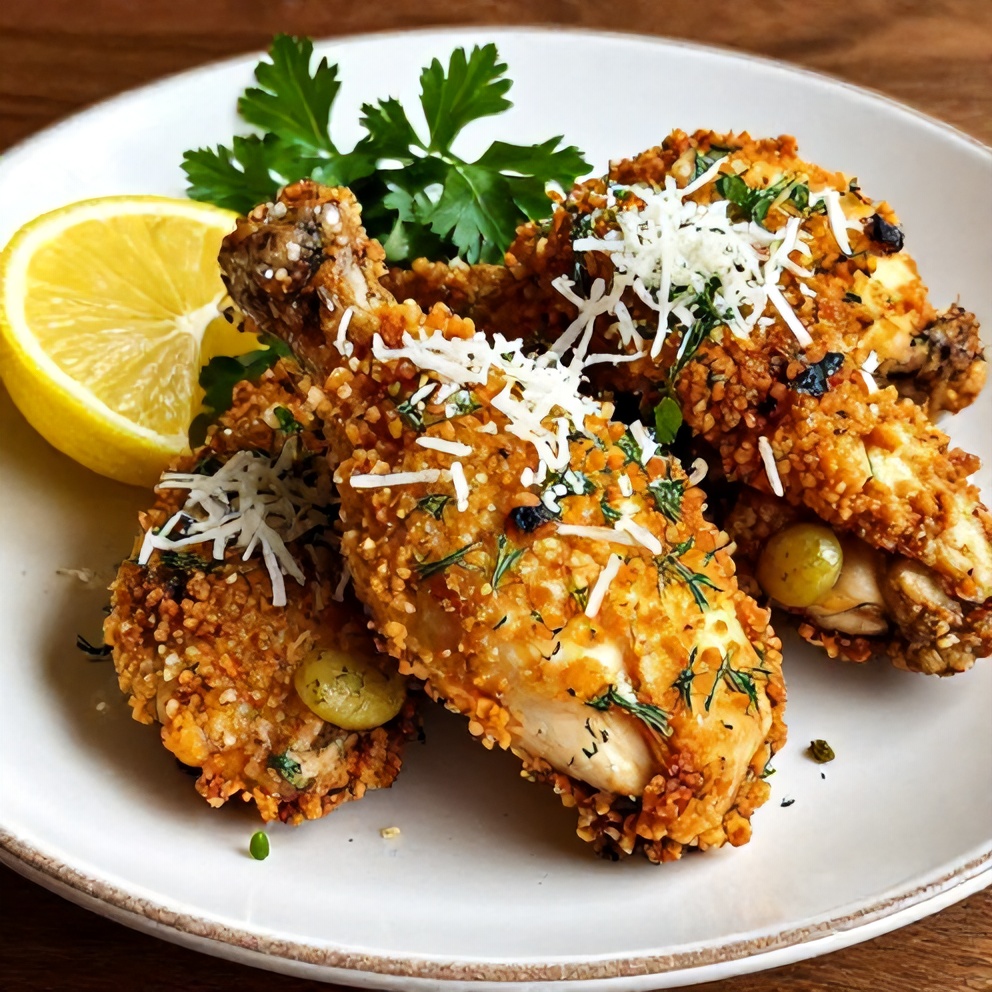 Crispy Dill Pickle Parmesan Chicken with a lemon wedge