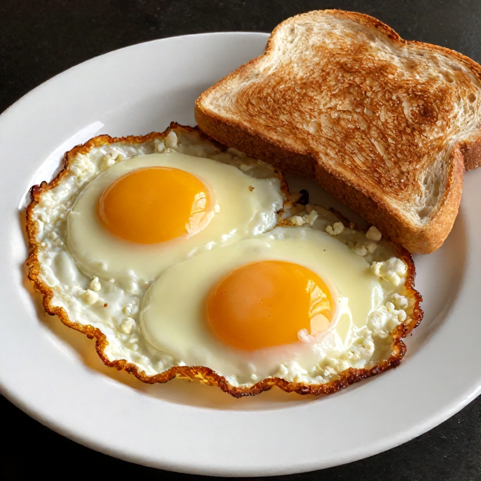 Crispy feta fried eggs on a plate with a side of toast