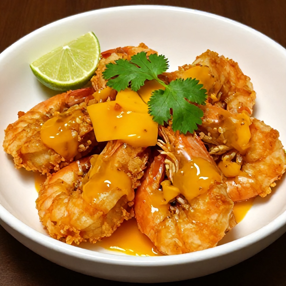 Plated crispy firecracker shrimp with mango ginger sauce drizzled generously, garnished with lime wedge and cilantro, on a white ceramic bowl with soy sauce splash on rim