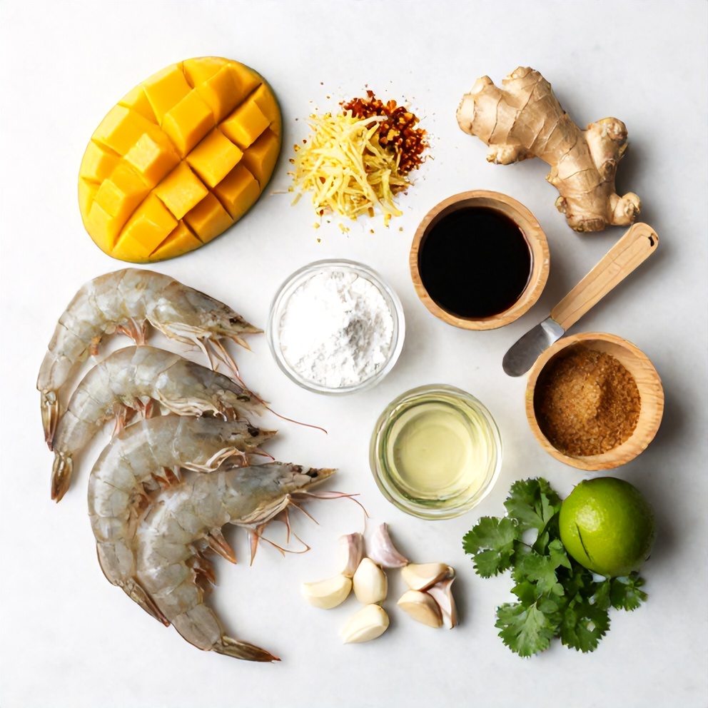 Raw shrimp, mango, fresh ginger, red pepper flakes, soy sauce, cornstarch, garlic, lime, cilantro, and brown sugar arranged on white marble with bamboo measuring spoons and small prep bowls