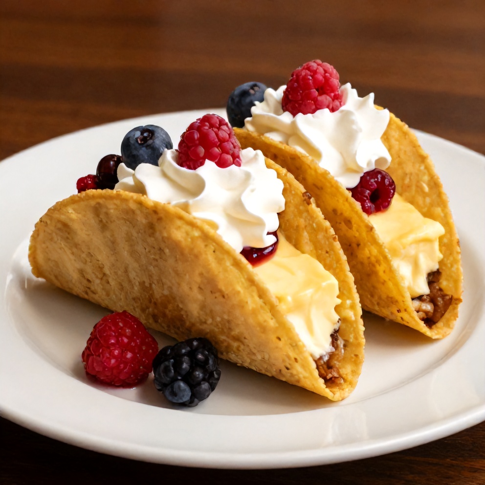 Plated serving of Fruity Pebbles Cheesecake Tacos on a white plate