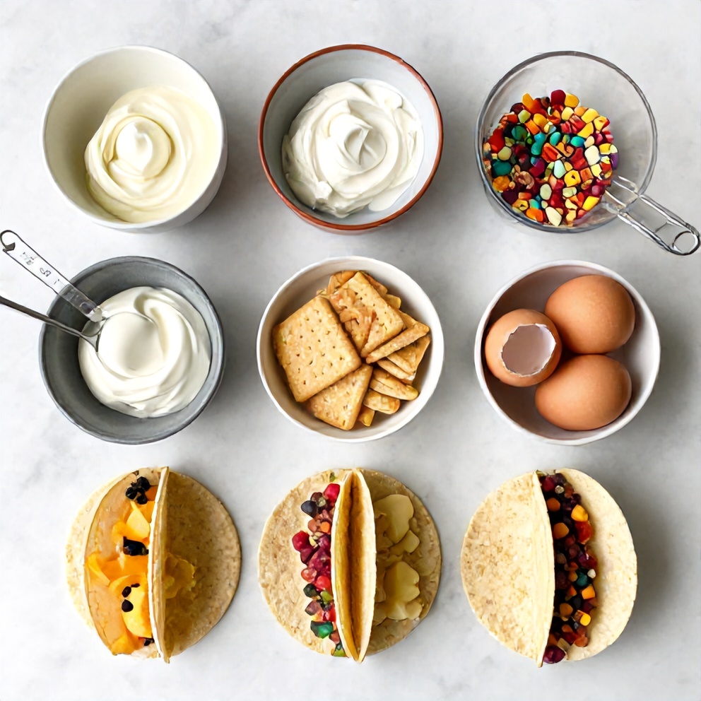 Fruity Pebbles, cream cheese, graham crackers, and other ingredients for cheesecake tacos on a marble surface