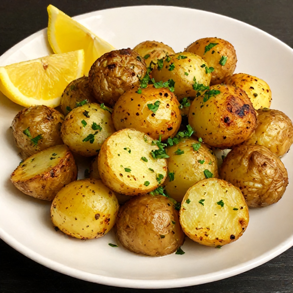 Crispy Greek Lemon Potatoes plated with fresh parsley and lemon wedges