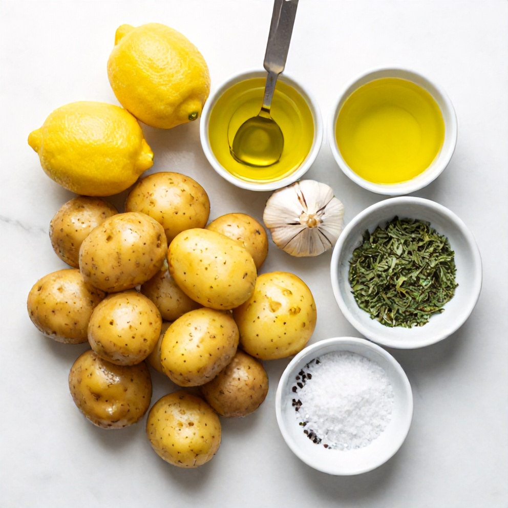 Raw ingredients for Greek Lemon Potatoes: potatoes, lemons, olive oil, garlic, oregano, salt, and pepper