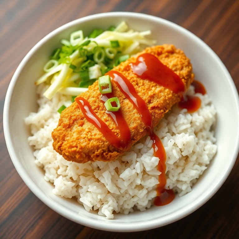 Plated crispy Japanese katsu bowl in a white ceramic bowl with steamed rice, shredded cabbage, sliced green onions, and tonkatsu sauce drizzle.