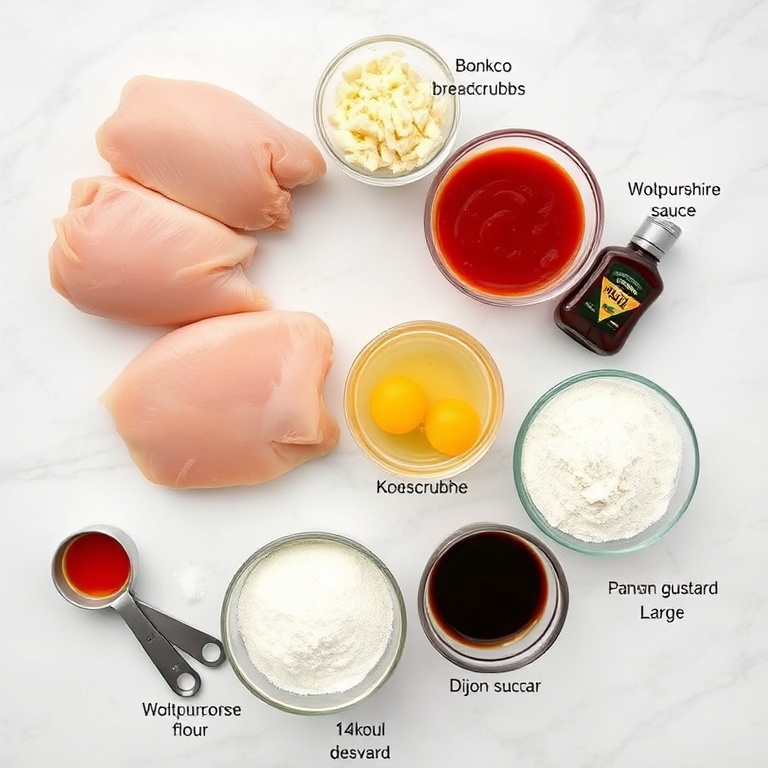 Raw ingredients for crispy Japanese katsu bowls: boneless chicken breasts, panko breadcrumbs, all-purpose flour, eggs, tonkatsu sauce ingredients including ketchup, Worcestershire, soy sauce, and brown sugar.