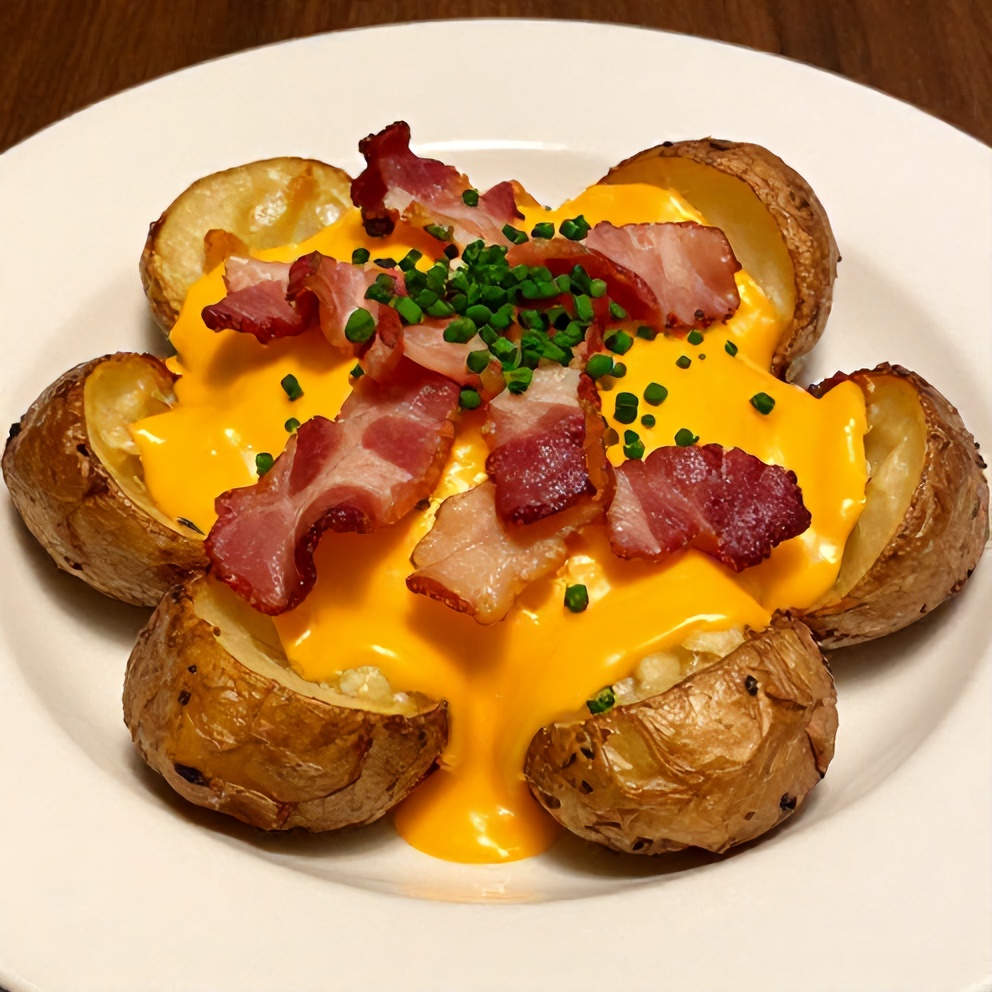 Plated crispy loaded baked potatoes