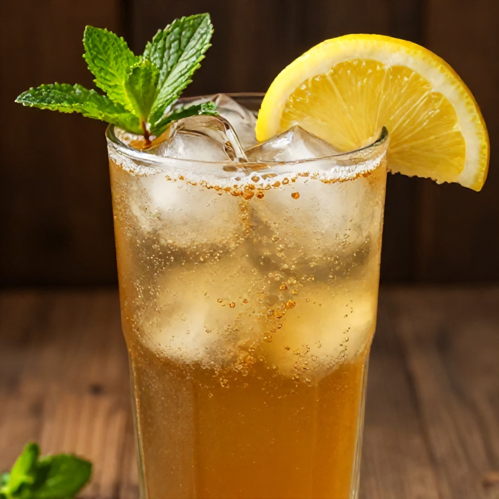 Glass of Crispy Mint and Lemon Verbena Iced Tea with lemon slice