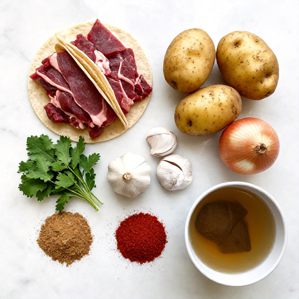 Raw ingredients for Pot Birria Tacos including beef, potatoes, and spices