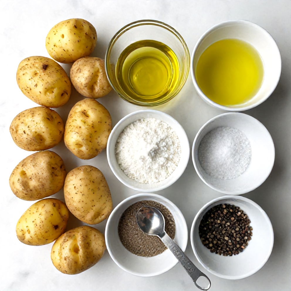 Raw ingredients for Crispy Ranch Potatoes on a white marble surface