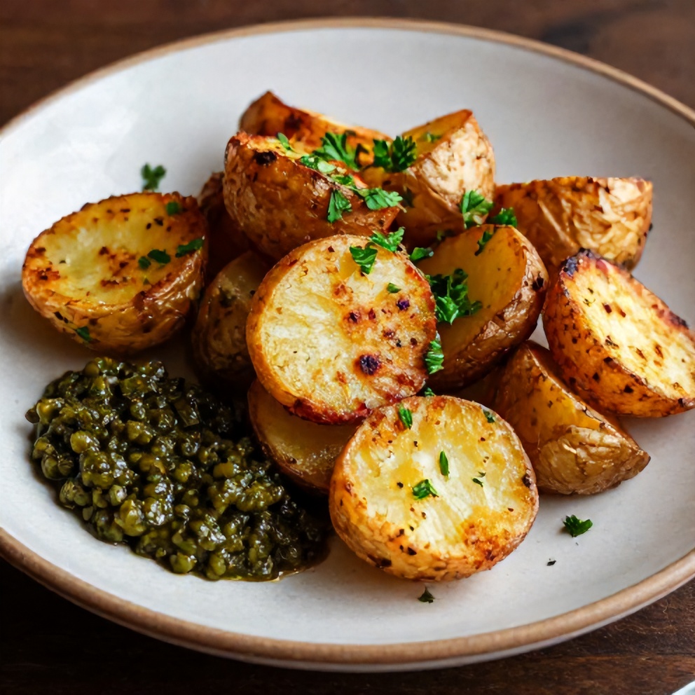 Plated crispy smashed potatoes with olive tapenade and fresh parsley