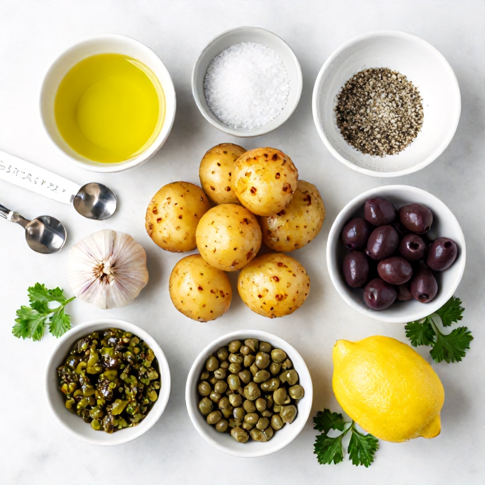 Raw ingredients for crispy smashed potatoes with olive tapenade on a marble countertop