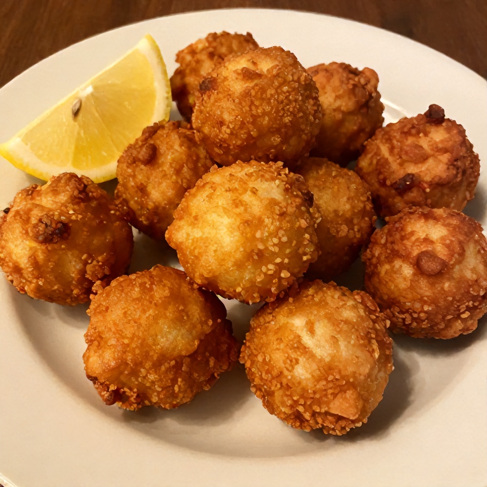 Hushpuppies on a plate with a lemon wedge