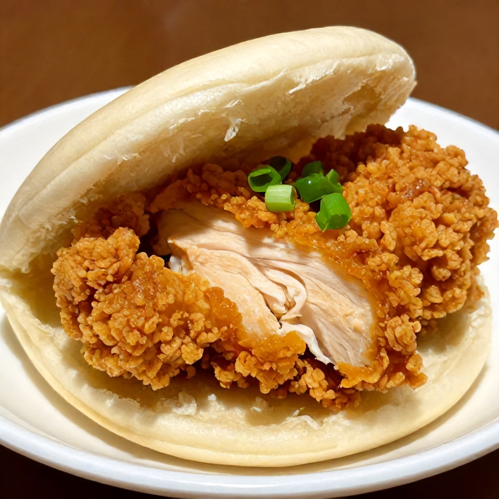Crispy Sticky Chicken Bao Bun on a plate with green onions