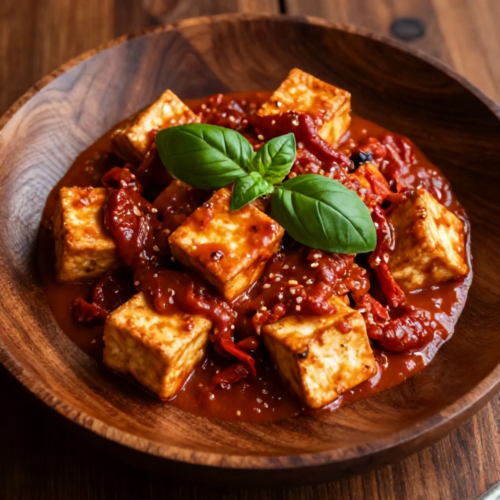 Plated crispy tofu in creamy sun-dried tomato sauce