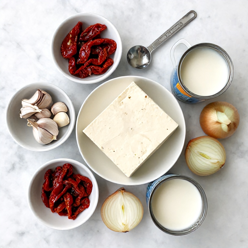 Raw ingredients for crispy tofu sun-dried tomato sauce