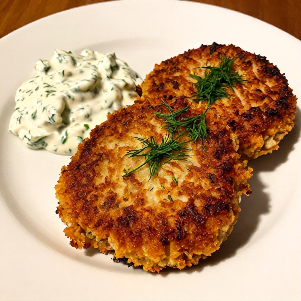 Close-up of crispy tuna patty on a plate with creamy dill sauce