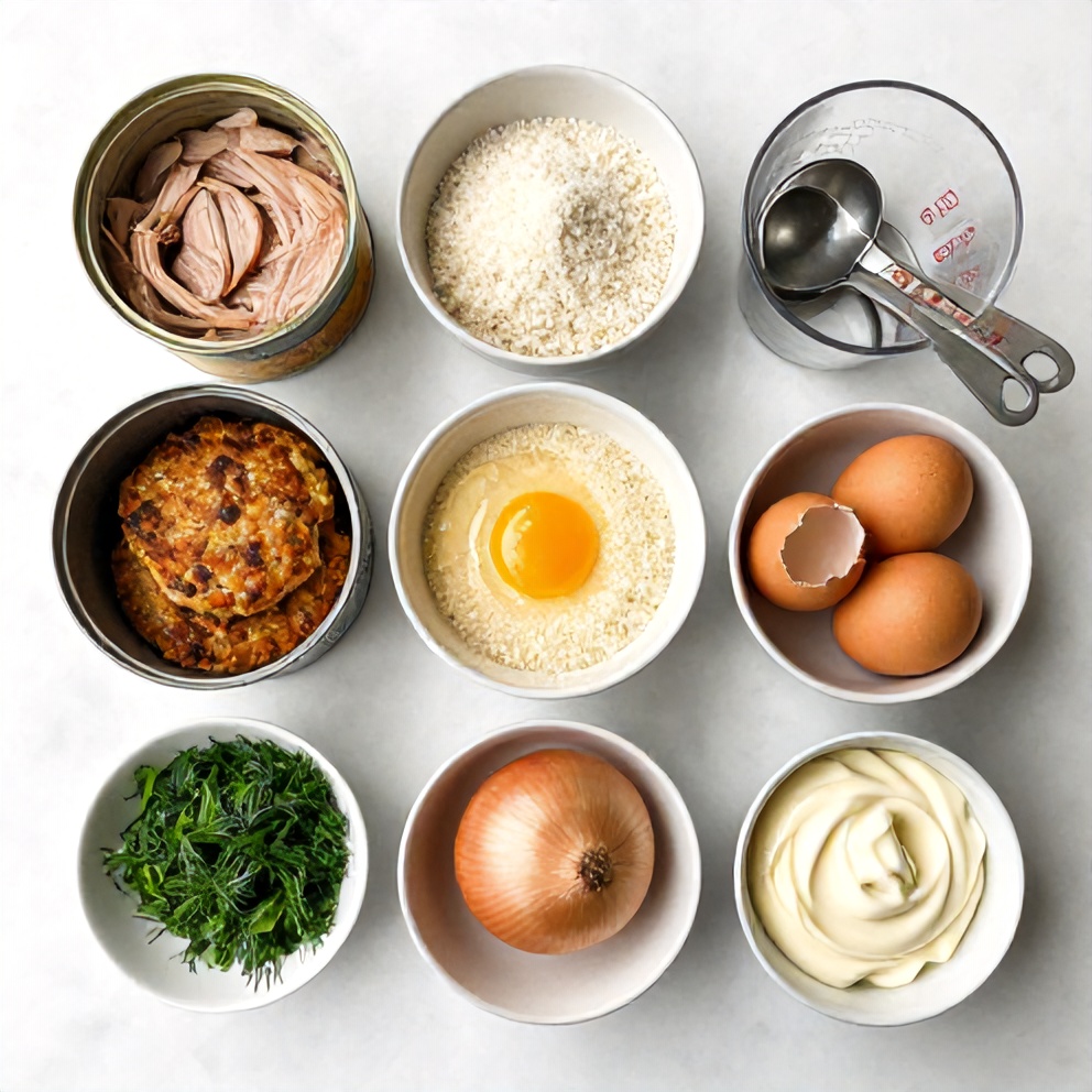 Raw ingredients for crispy tuna patties on a marble surface