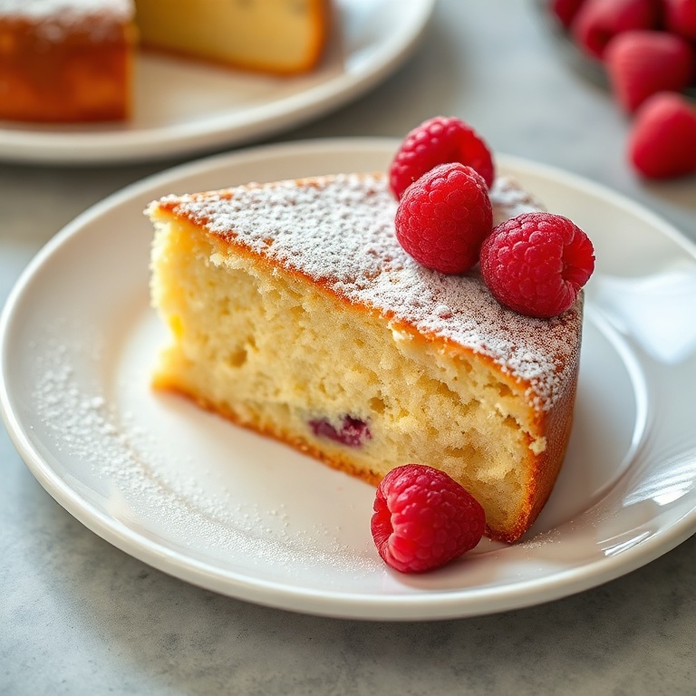 Slice of yogurt cake on a white ceramic plate with dusting of powdered sugar and fresh raspberries