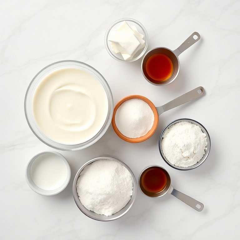 Plain yogurt, all-purpose flour, granulated sugar, baking powder, and vanilla extract arranged in prep bowls