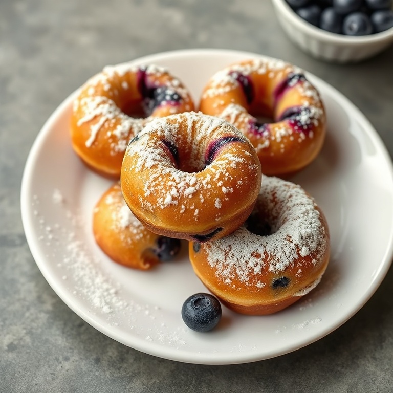 Single plated serving of golden air fryer blueberry donut holes dusted with powdered sugar on white ceramic plate