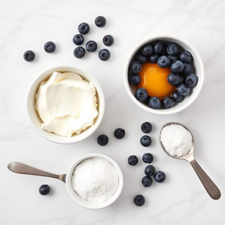 Overhead flat lay of whole blueberries, cottage cheese, all-purpose flour, egg, granulated sugar, and cinnamon on white marble with prep bowls and measuring spoons