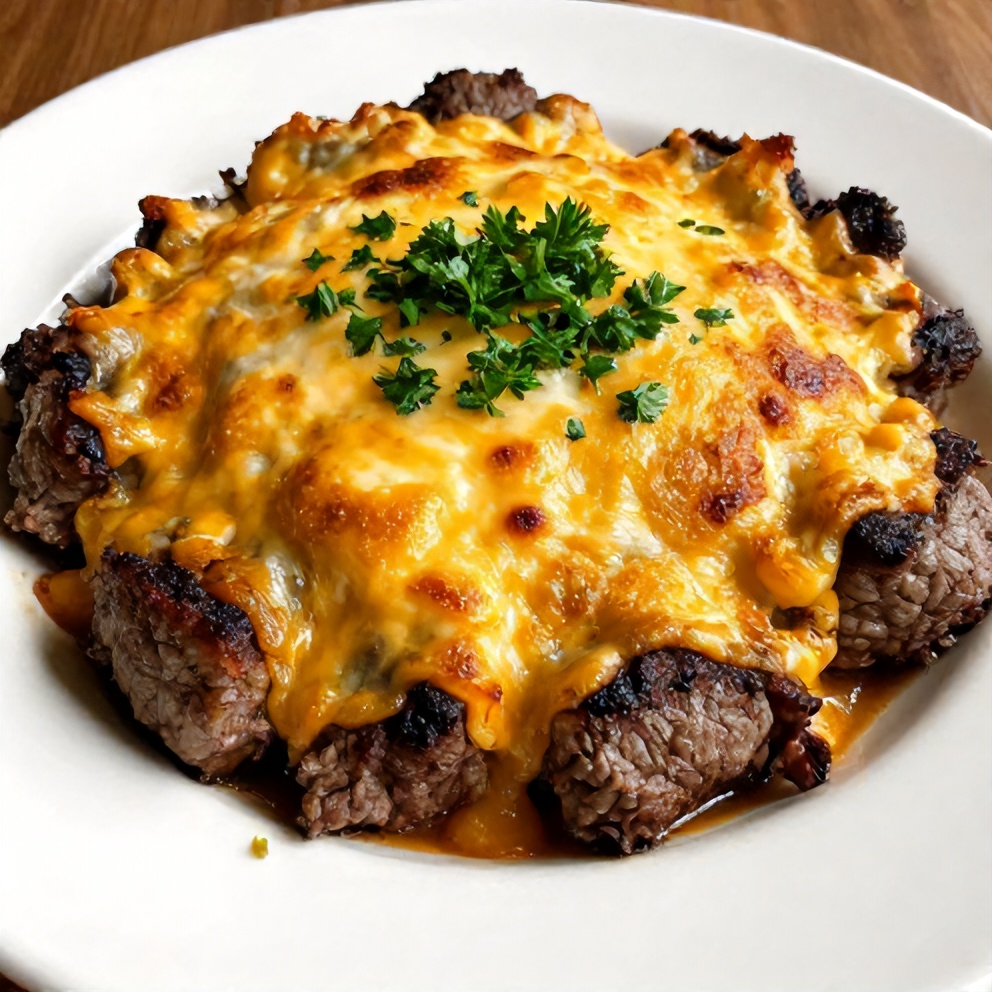 Plated serving of Amish hamburger steak bake