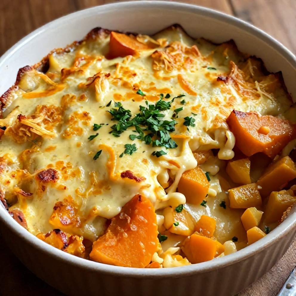 Apple Butternut Squash Casserole served in a bowl with a sprinkle of parsley