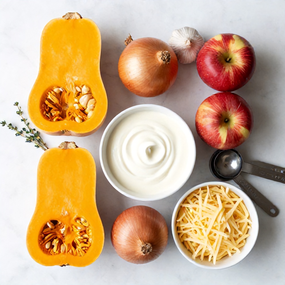 Raw ingredients for Apple Butternut Squash Casserole on a marble surface