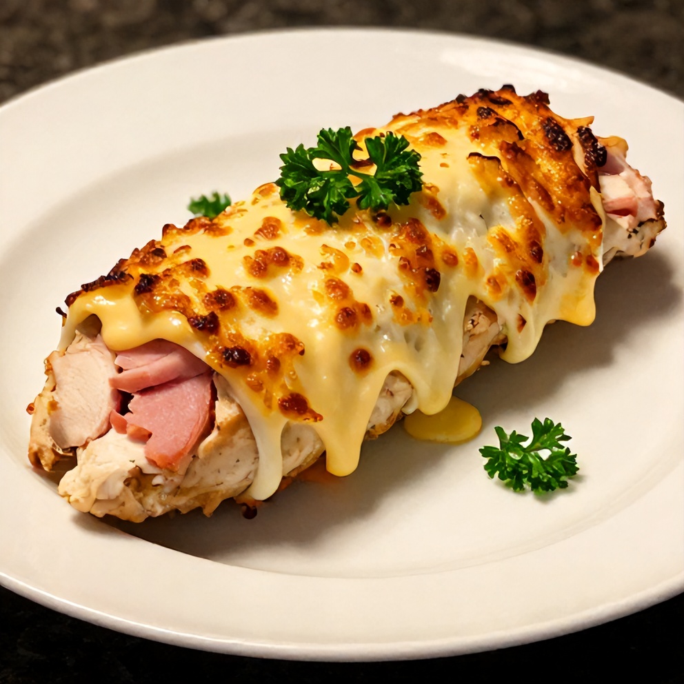 Plated serving of baked chicken roll ups with ham and swiss cheese