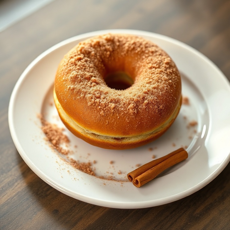 One perfectly plated baked cinnamon sugar donut on a white ceramic plate with a light dusting of extra cinnamon sugar and a small cinnamon stick garnish, warm side lighting highlighting crisp edges