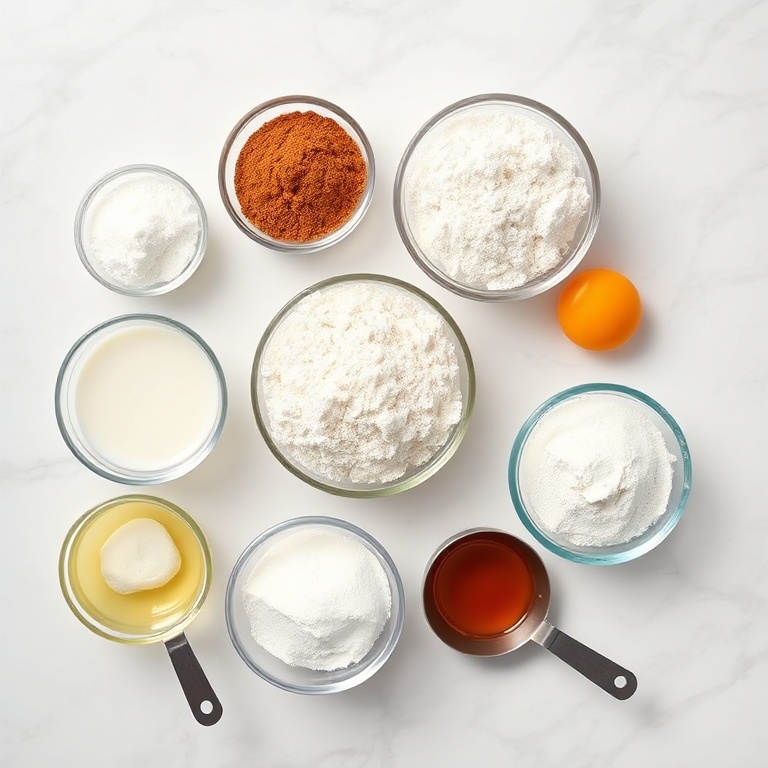 Overhead flat lay of allraw ingredients: granulated sugar, ground cinnamon, all-purpose flour, whole milk, large eggs, unsalted butter, baking powder, and vanilla extract on white marble with measuring spoons and small bowls