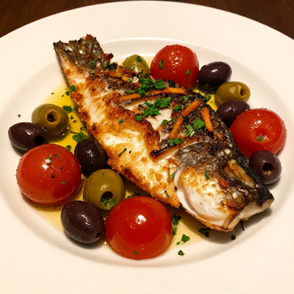 Plated baked sea bass with olives and cherry tomatoes