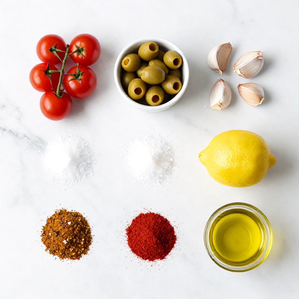 Raw ingredients for baked sea bass with olives and cherry tomatoes