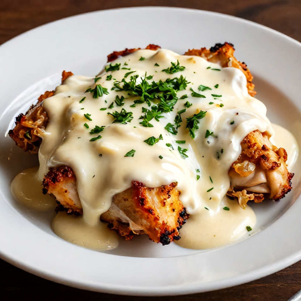 Plated sour cream and onion chicken with garnish