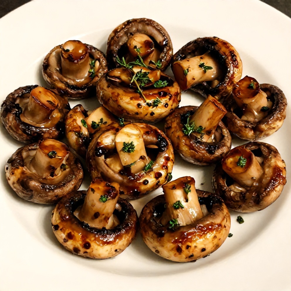 Plated serving of balsamic roasted garlic mushrooms