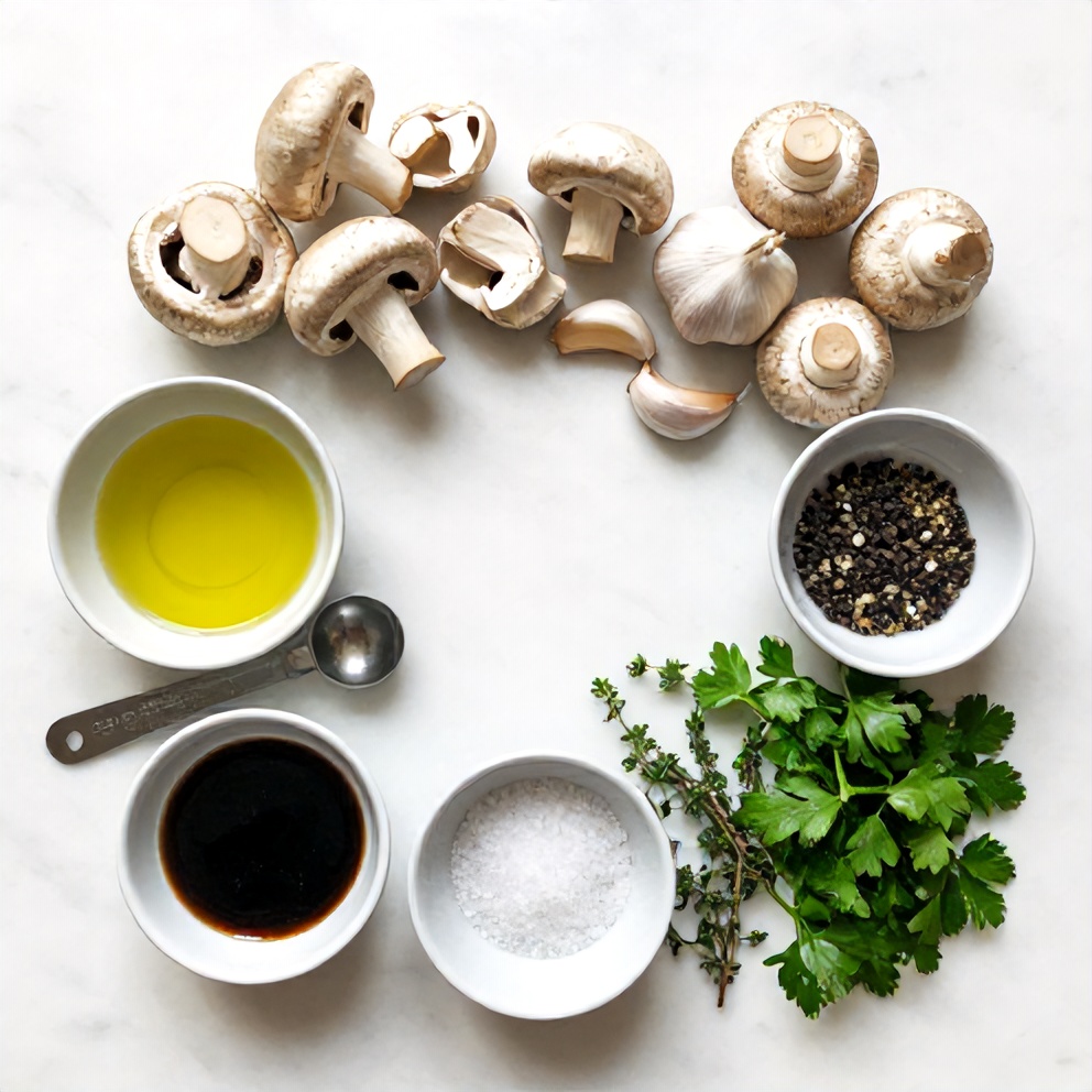 Raw ingredients for balsamic roasted garlic mushrooms