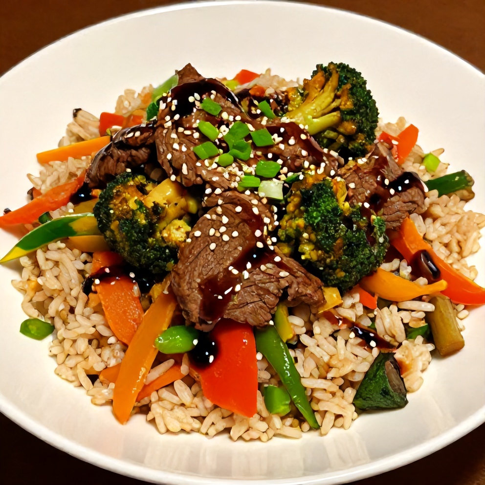 Plated Beef and Broccoli Rice Bowls with steamed rice, colorful vegetables, and a drizzle of soy sauce