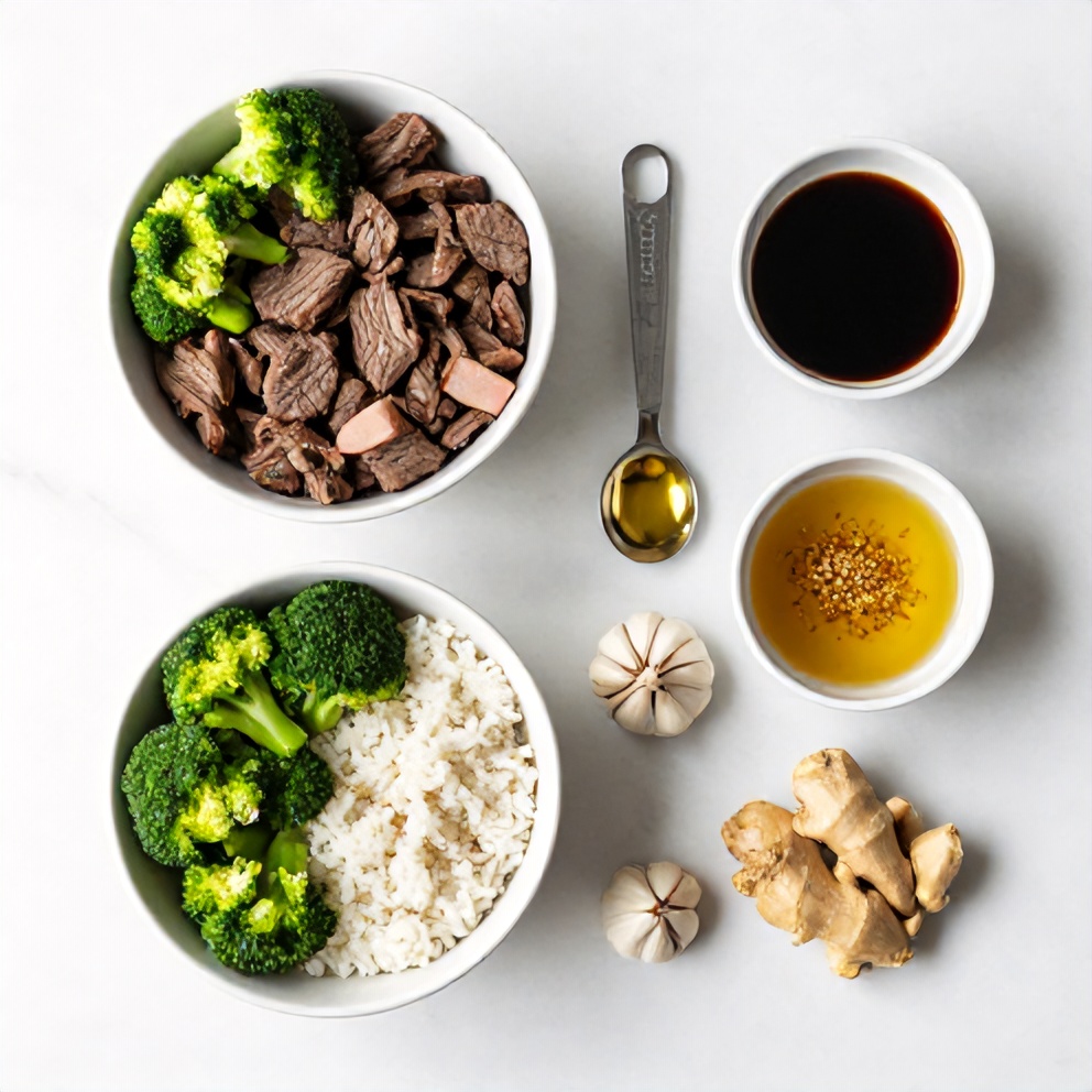 Raw ingredients for Beef and Broccoli Rice Bowls including beef, broccoli, rice, and seasonings