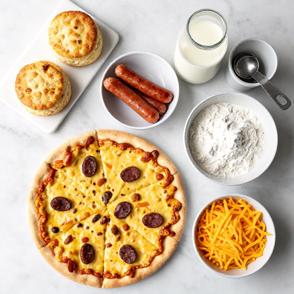 Raw ingredients for Biscuits and Sausage Gravy Breakfast Pizza