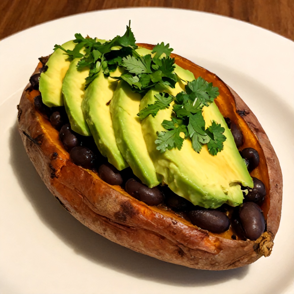 Plated black bean stuffed sweet potato with avocado and cilantro
