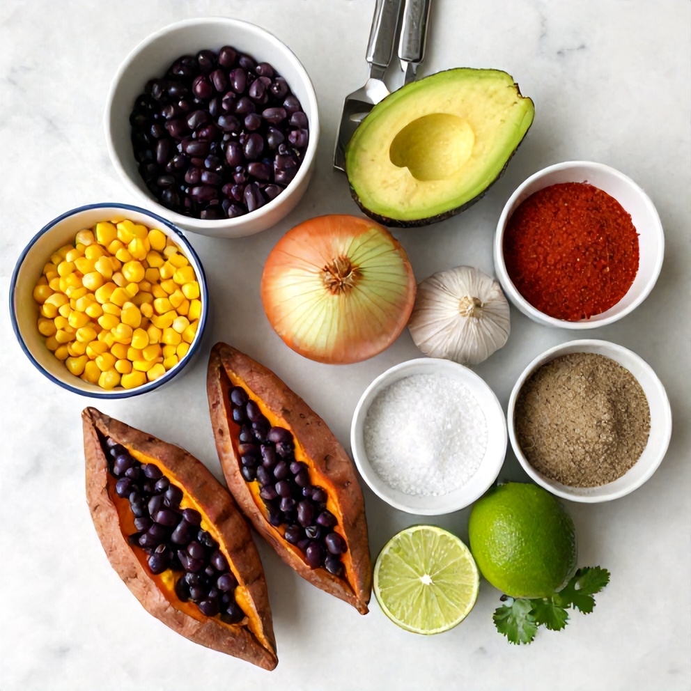 Ingredients for black bean stuffed sweet potatoes on a marble counter
